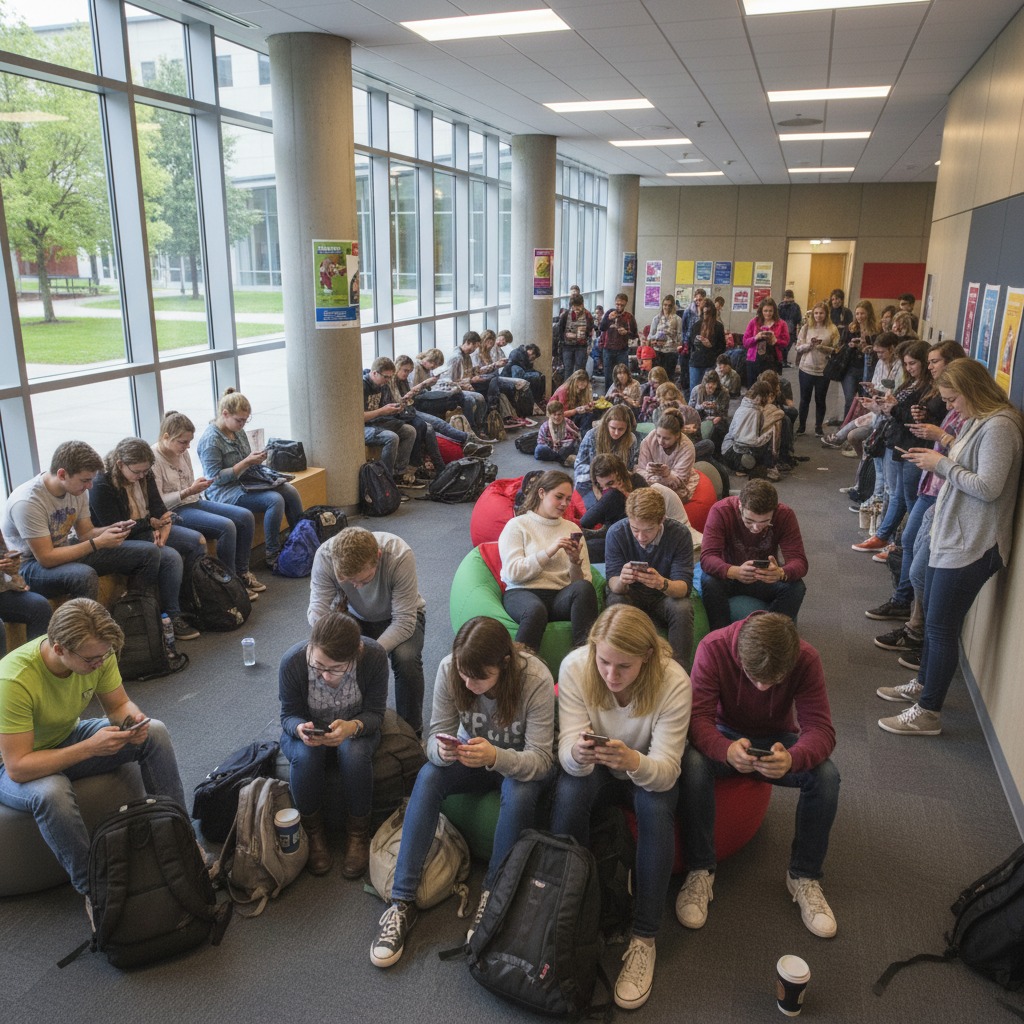 studenten die allemaal op een smartphone kijken