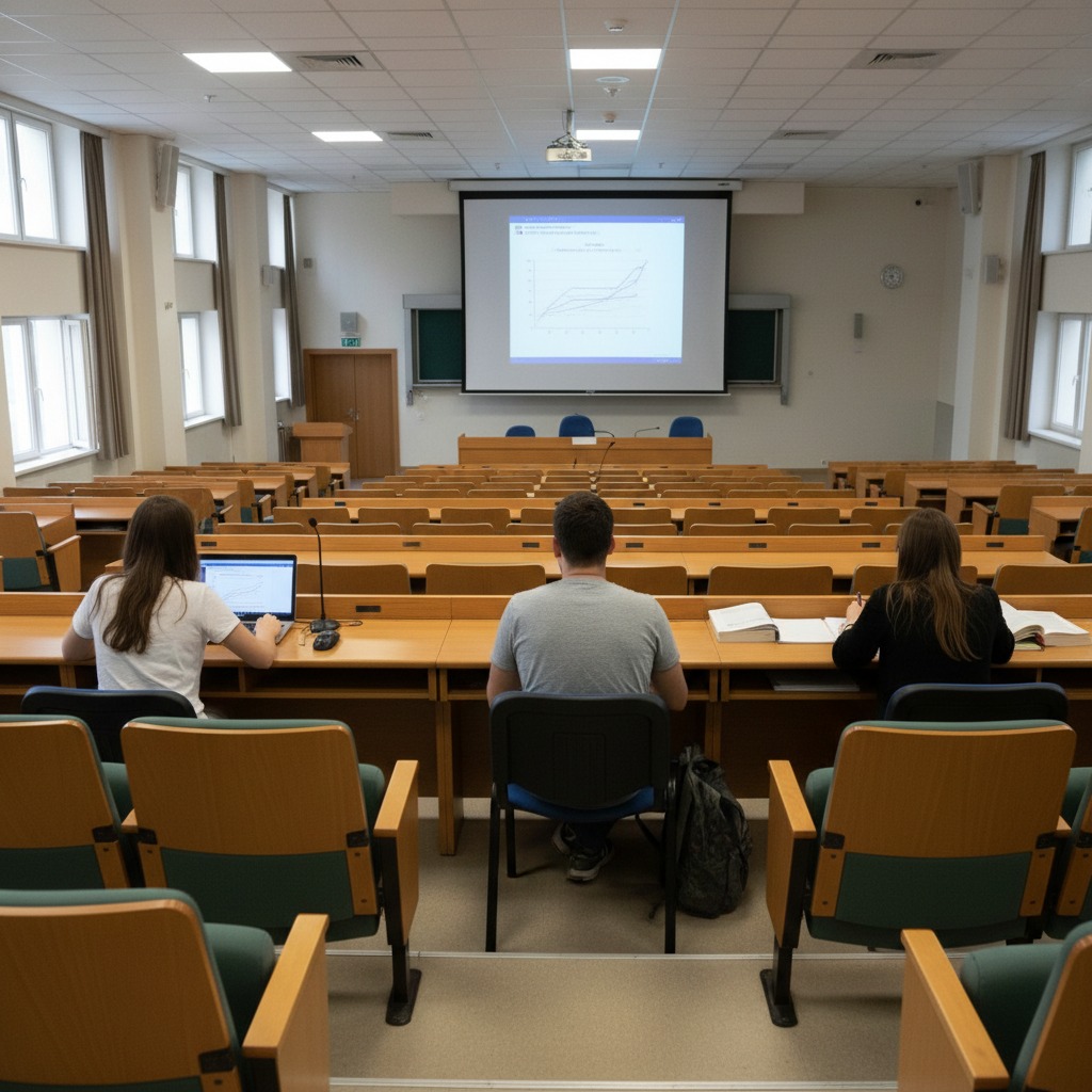 collegezaal met slechts drie studenten erin